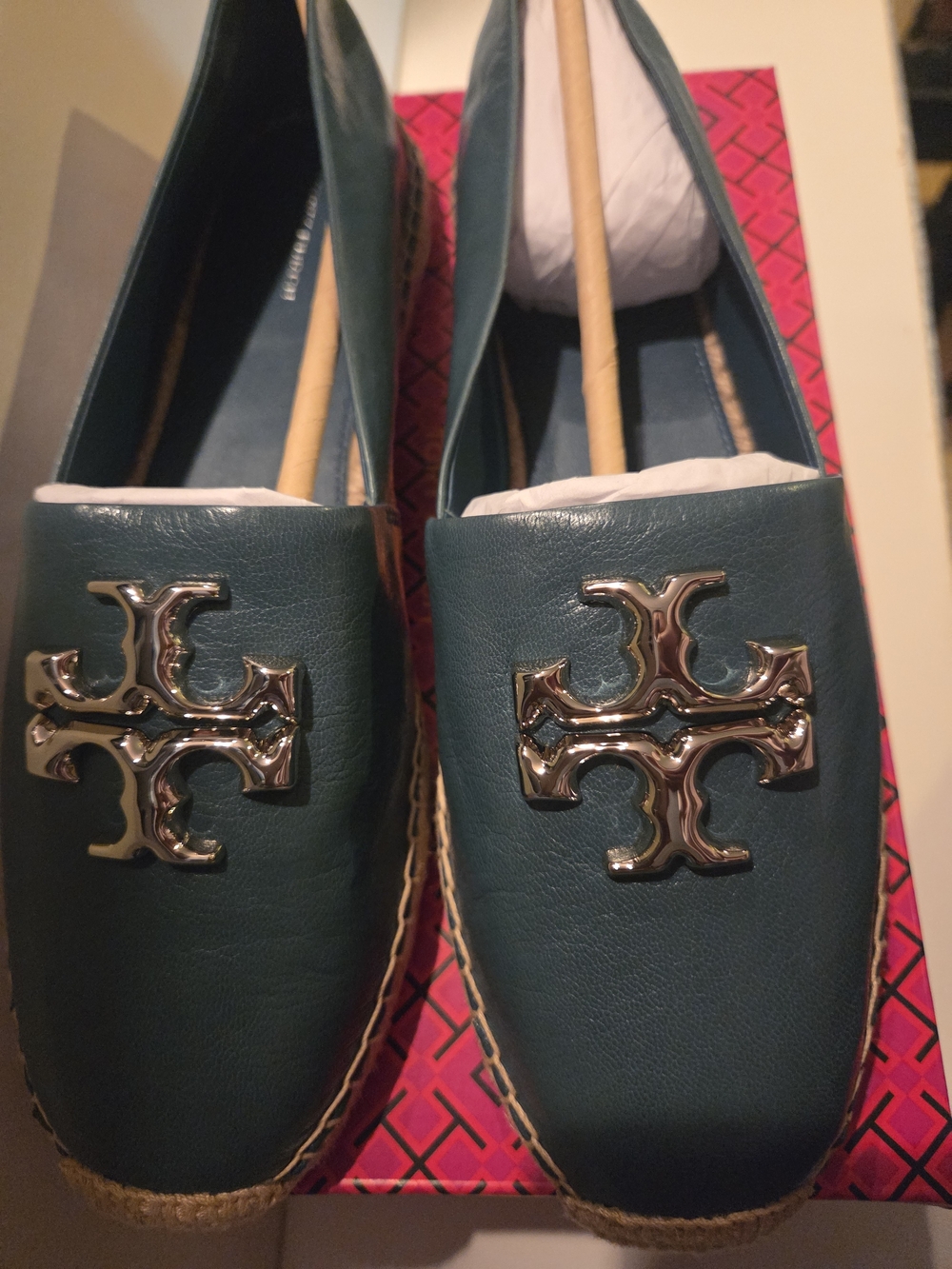 Tory Burch Teal Leather Logo Espadrille Flats